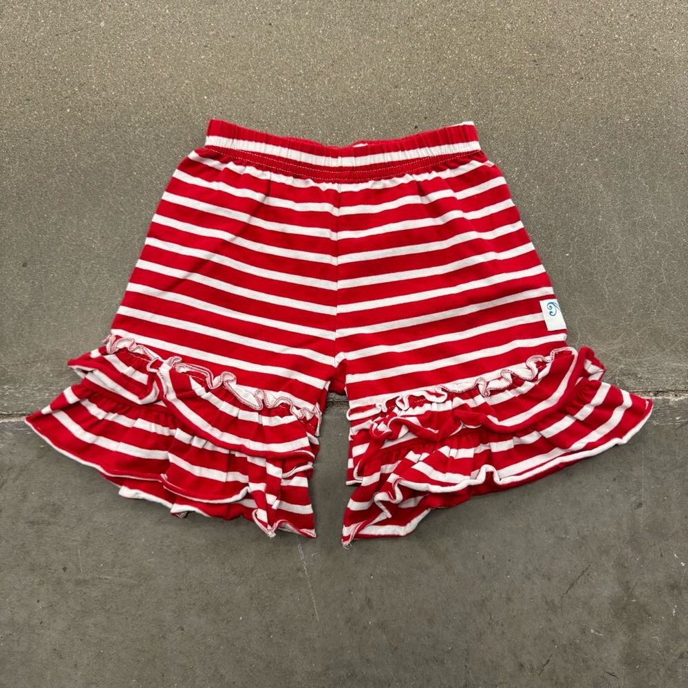 Momi Boutique Red Striped Ruffle Kids Shorts, Size 4
